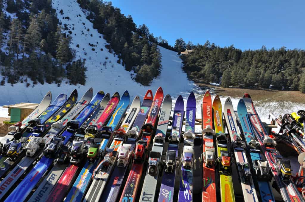 Skis lined up on the slopes in the Atlas Mountains