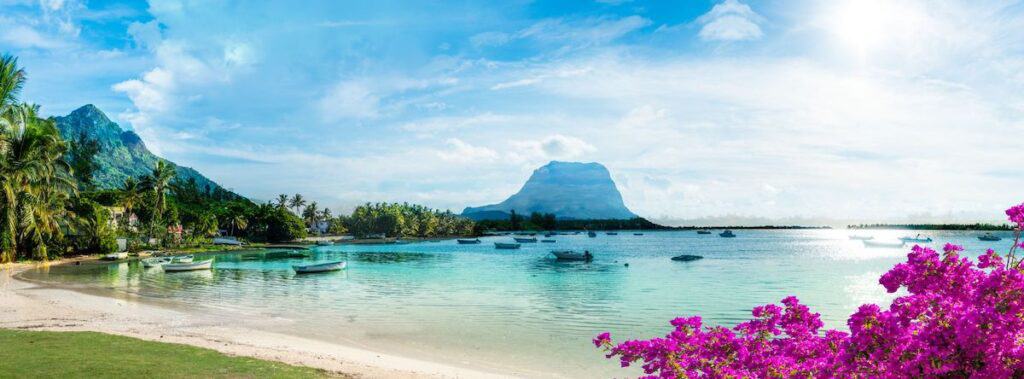 A Mauritius view - the Gaulette fishing village with the Morne Brabant in the background.