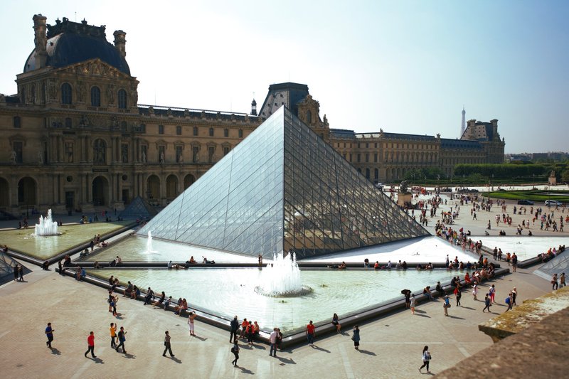 Aerial view of Louvre Pyramid in Paris, France